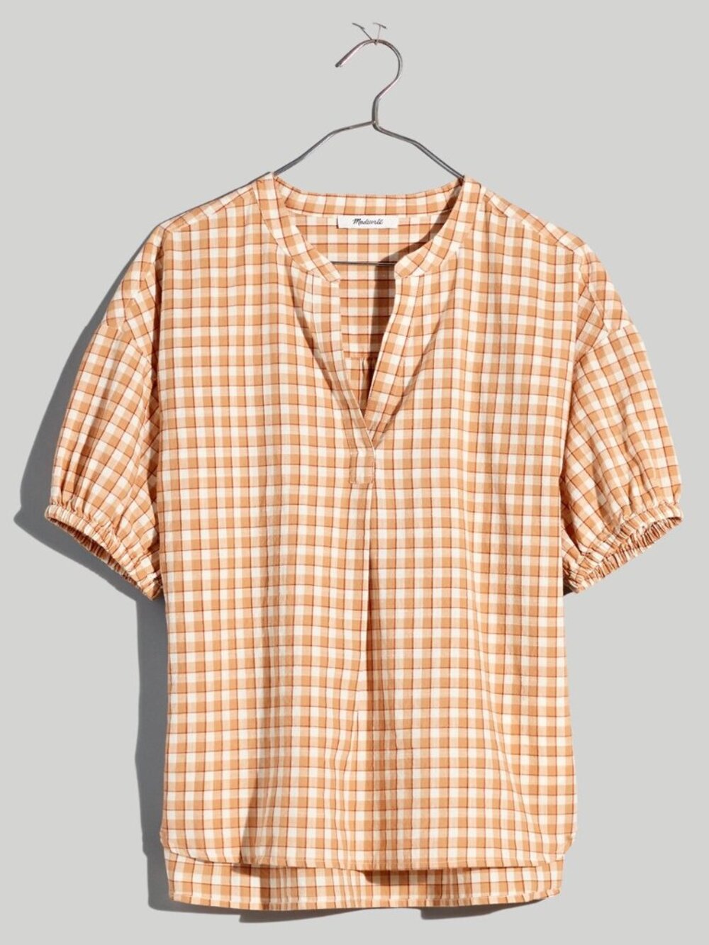 Crinkle Cotton Bubble-Sleeve Popover Shirt in Check
